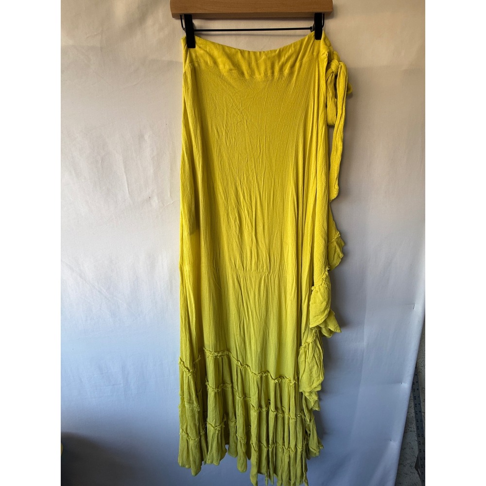 Free People Chartreuse Yellow Ruffle Wrap Maxi Skirt Boho Gauze XS - Picture 2 of 7